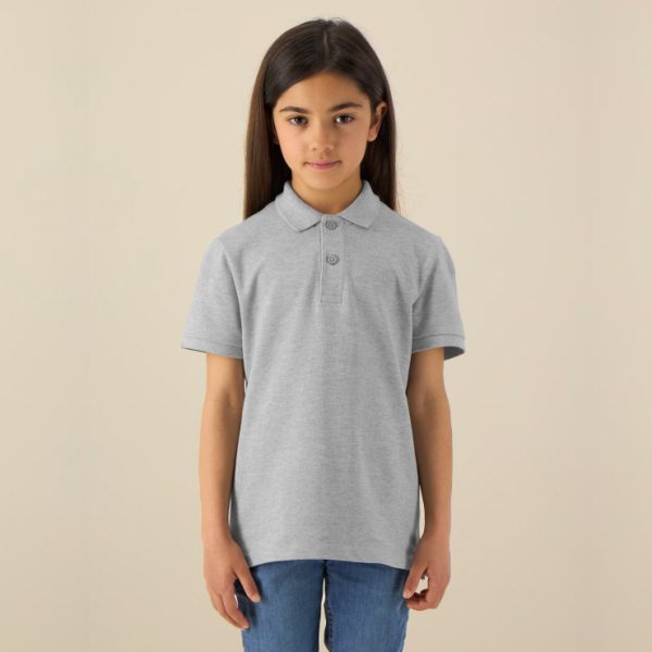 Kids' Heather Grey polo shirt with collar made from 100% organic cotton, ideal for school uniforms, embroidery, custom printing and eco-friendly children's clothing.