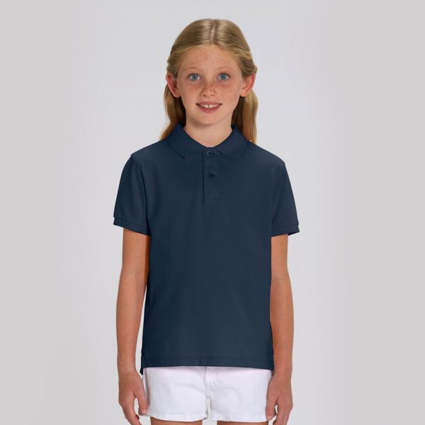 Kids' French Navy polo shirt with collar made from 100% organic cotton, ideal for school uniforms, embroidery, custom printing and eco-friendly children's clothing.