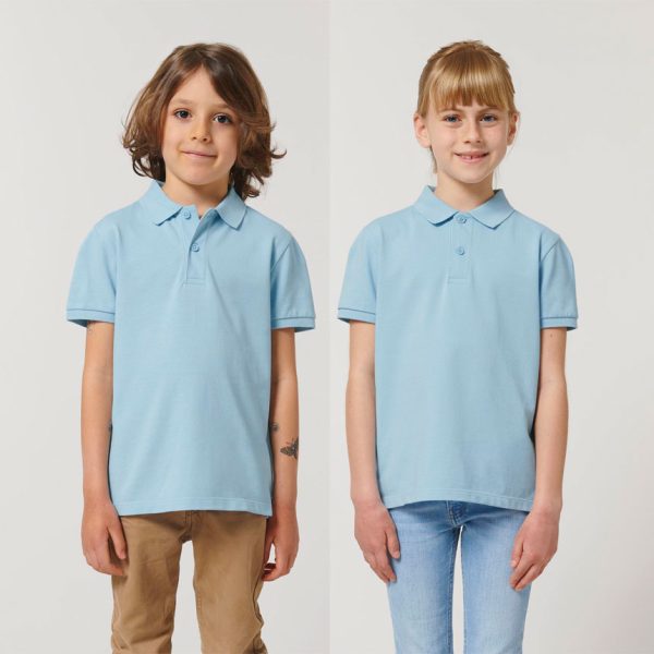 Kids' Sky Blue polo shirt with collar made from 100% organic cotton, ideal for school uniforms, embroidery, custom printing and eco-friendly children's clothing.