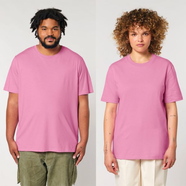 premium-uniseks-rozova-teniska-organichen-pamuk-180g-za-brandirane Premium unisex bubble pink organic cotton t-shirt 180 g/m² high quality for workwear, corporate branding and promotional printing