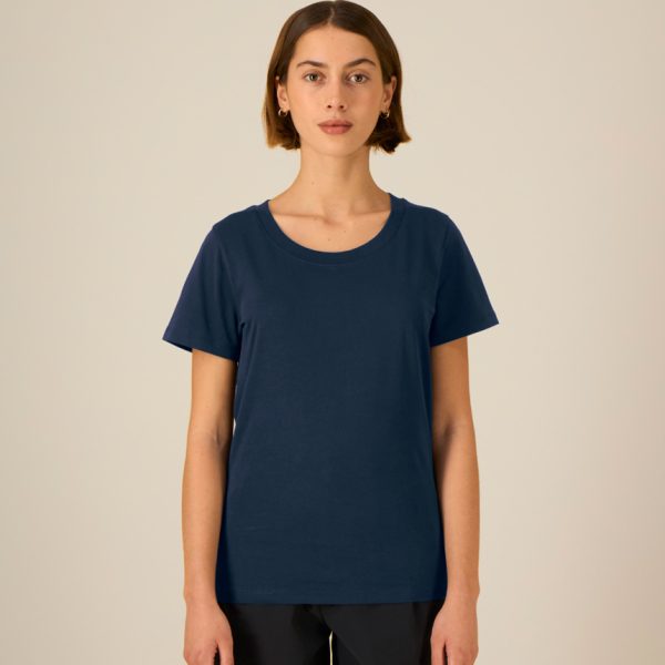 damska-tumnosinya-teniska-organichen-pamuk-za-brandirane Women's French navy organic cotton t-shirt premium quality for workwear, branding and promotional printing