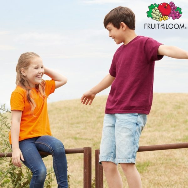 Kids cotton t-shirts in orange and burgundy colors for custom printing, embroidery and promotional branding, 145 g/m²
