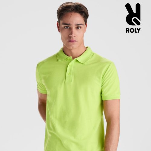 Young man wearing a lime green polo shirt made from 60 percent cotton and 40 percent polyester with a classic collar and modern fit
