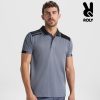 Grey and black performance polo shirt made from 100 percent polyester with contrasting collar and shoulder details designed for work and sports activities