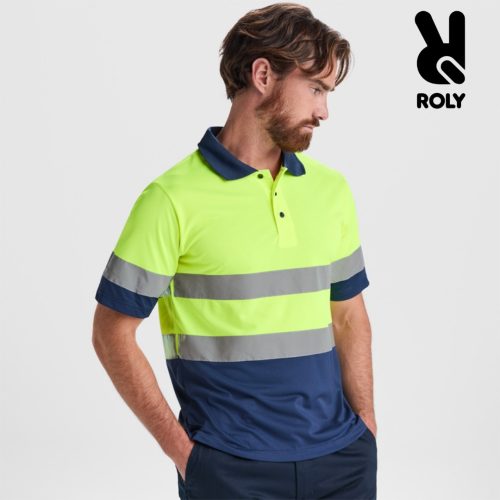 High visibility polo shirt with reflective bands in fluorescent yellow and navy blue made for workwear and safety applications