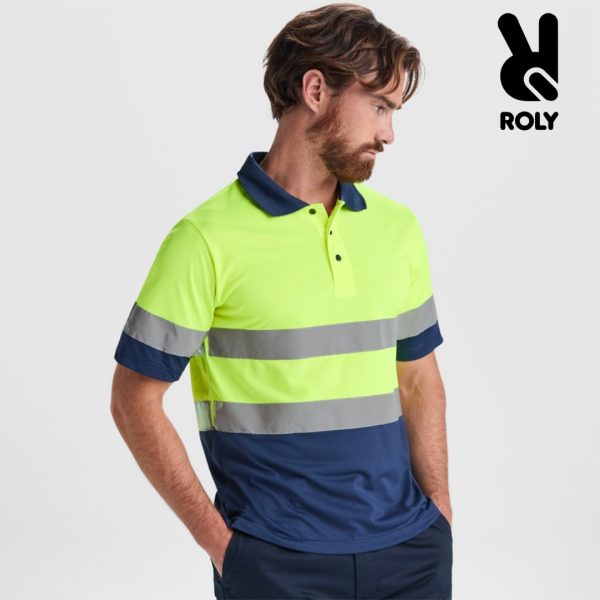 svetlootrazitelna-polo-teniska-s-yaka-yellow-navy High visibility polo shirt with reflective bands in fluorescent yellow and navy blue made for workwear and safety applications