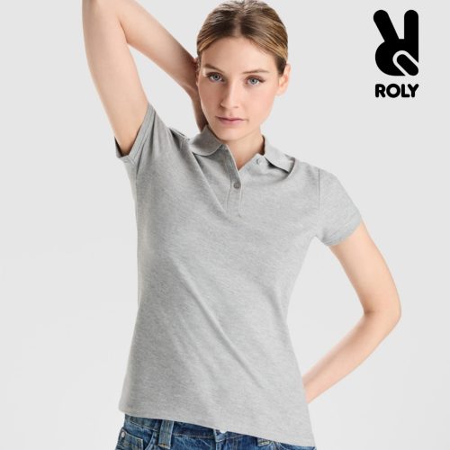 Women's premium organic cotton heather grey polo shirt for corporate workwear, branding, embroidery, DTF printing and promotional campaigns.