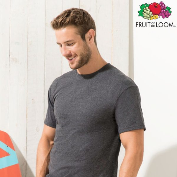 Man wearing heavy cotton graphite grey t-shirt, premium apparel for custom printing, embroidery and corporate branding