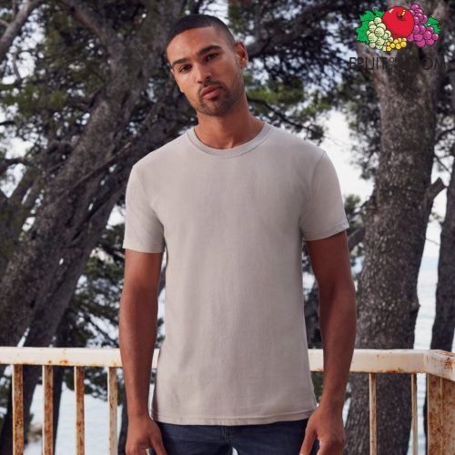 Premium heavyweight light grey cotton t-shirt worn by a male model, ideal for custom printing, embroidery and corporate branding, 195 g/m²
