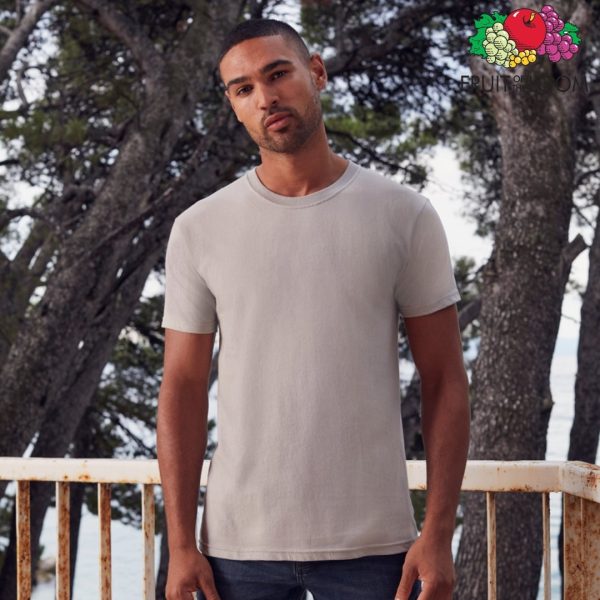 Premium heavyweight light grey cotton t-shirt worn by a male model, ideal for custom printing, embroidery and corporate branding, 195 g/m²