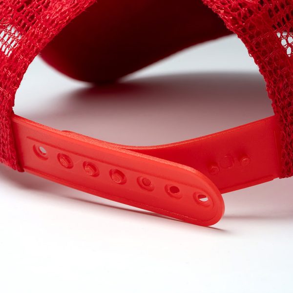 Close-up of red plastic snapback closure on 3710 mesh sublimation cap