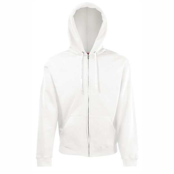 byal-suitchar-s-kachulka-i-cip-fruit-of-the-loom-classic-280g-predna-strana White Fruit of the Loom Classic full zip hooded sweatshirt with kangaroo pocket, front view