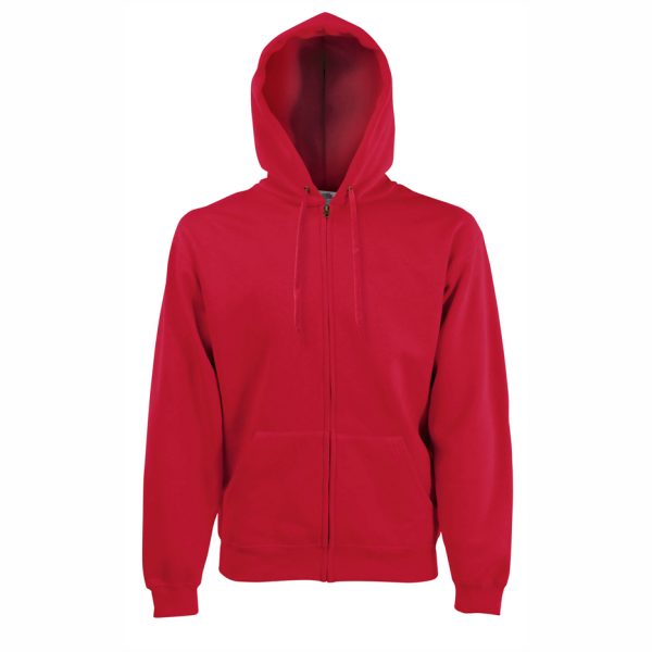 cherven-suitchar-s-kachulka-i-cip-fruit-of-the-loom-classic-280g-predna-strana Red Fruit of the Loom Classic full zip hooded sweatshirt with kangaroo pocket, front view