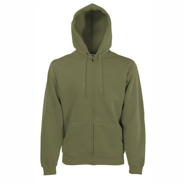 maslinen-suitchar-s-kachulka-i-cip-fruit-of-the-loom-classic-280g-predna-strana Classic olive Fruit of the Loom Classic full zip hooded sweatshirt with kangaroo pocket, front view