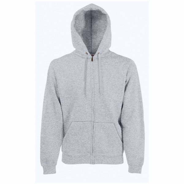 melanz-siv-suitchar-s-kachulka-i-cip-fruit-of-the-loom-classic-280g-predna-strana Heather grey Fruit of the Loom Classic full zip hooded sweatshirt with kangaroo pocket, front view