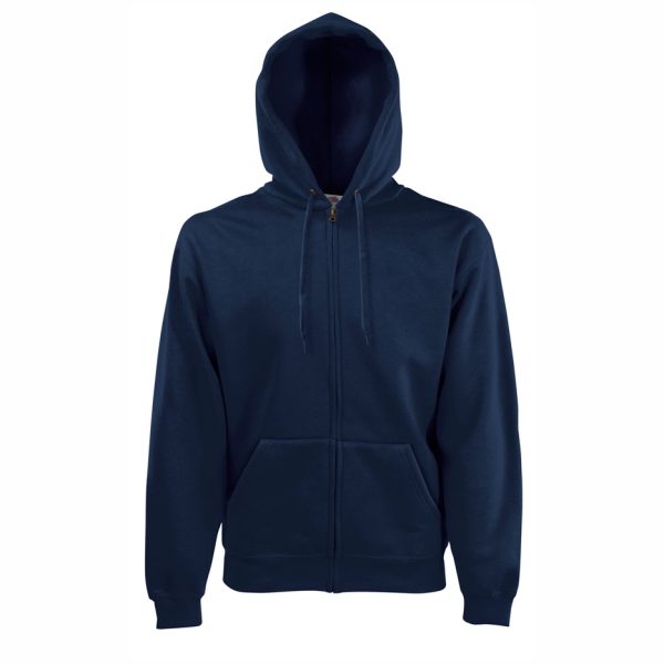 tumno-sin-suitchar-s-kachulka-i-cip-fruit-of-the-loom-classic-280g-predna-strana Deep navy Fruit of the Loom Classic full zip hooded sweatshirt with kangaroo pocket, front view
