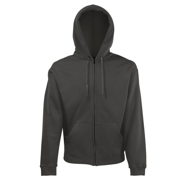 svetlografiten-suitchar-s-kachulka-i-cip-fruit-of-the-loom-classic-280g-predna-strana Light graphite Fruit of the Loom Classic full zip hooded sweatshirt with kangaroo pocket, front view