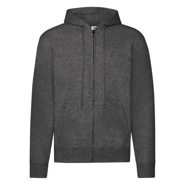 tumnosiv-melanz-suitchar-s-kachulka-i-cip-fruit-of-the-loom-classic-280g-predna-strana Dark heather grey Fruit of the Loom Classic full zip hooded sweatshirt with kangaroo pocket, front view