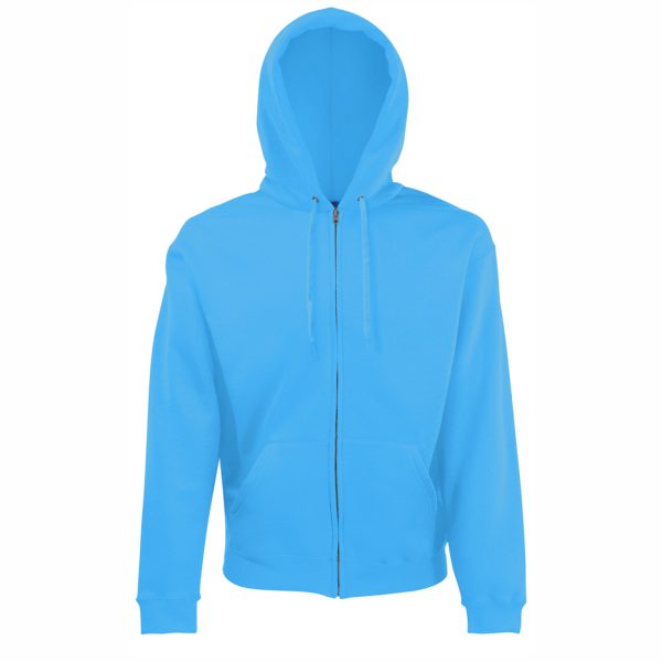azurno-sin-suitchar-s-kachulka-i-cip-fruit-of-the-loom-classic-280g-predna-strana Azure blue Fruit of the Loom Classic full zip hooded sweatshirt with kangaroo pocket, front view