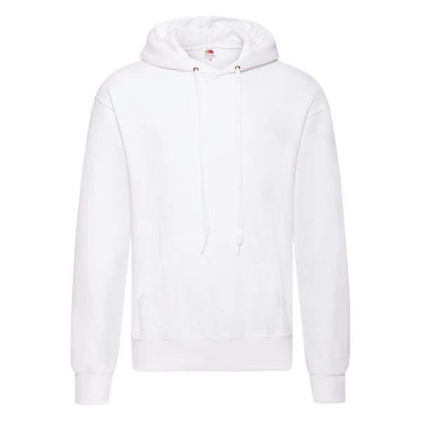 White Fruit of the Loom Classic hooded sweatshirt with kangaroo pocket, front view