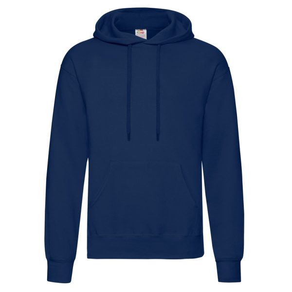 Navy blue Fruit of the Loom Classic hooded sweatshirt with kangaroo pocket, front view