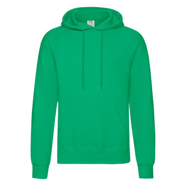 Kelly green Fruit of the Loom Classic hooded sweatshirt with kangaroo pocket, front view
