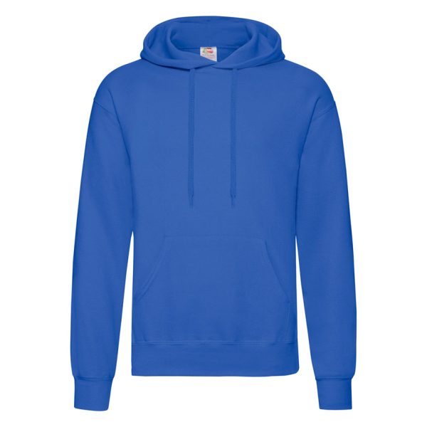 Royal blue Fruit of the Loom Classic hooded sweatshirt with kangaroo pocket, front view
