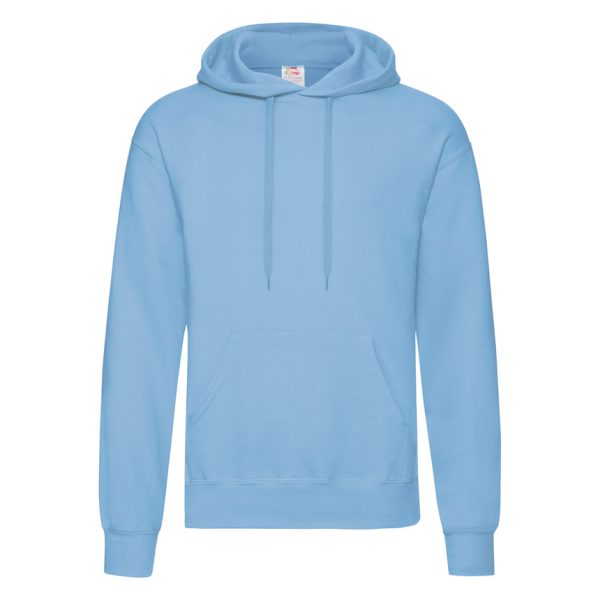 Sky blue Fruit of the Loom Classic hooded sweatshirt with kangaroo pocket, front view