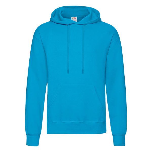 Azure blue Fruit of the Loom Classic hooded sweatshirt with kangaroo pocket, front view