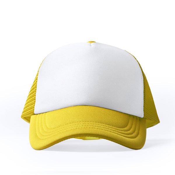 Sunflower yellow and white five-panel trucker cap with mesh back and blank front panel