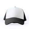Black and white five-panel trucker cap with mesh back and blank front panel