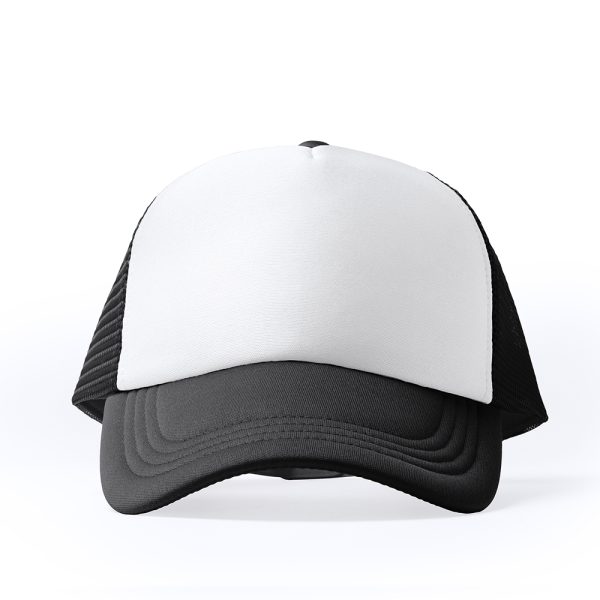 Black and white five-panel trucker cap with mesh back and blank front panel