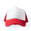 Red and white five-panel trucker cap with mesh back and blank front panel