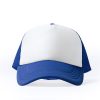 Royal blue and white five-panel trucker cap with mesh back and blank front panel