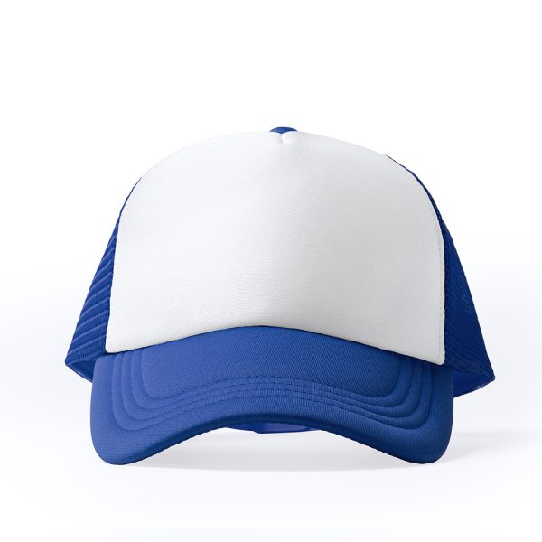 Royal blue and white five-panel trucker cap with mesh back and blank front panel