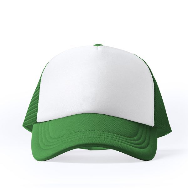 Fern green and white five-panel trucker cap with mesh back and blank front panel