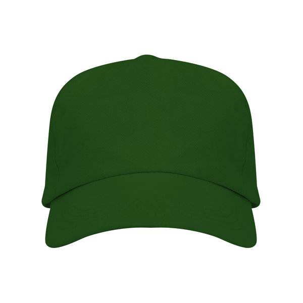 Bottle green five-panel cotton promotional cap with curved visor on a white background