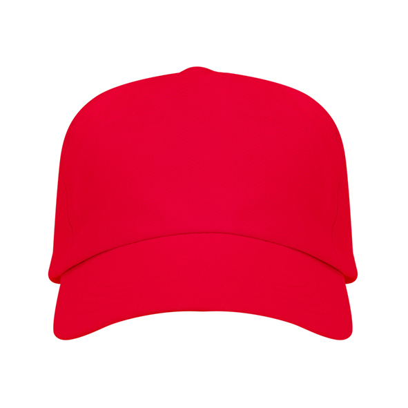 Red five-panel cotton promotional cap with curved visor on a white background