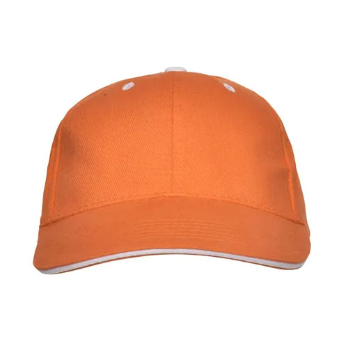 Orange five-panel cotton promotional cap with white trim and curved visor