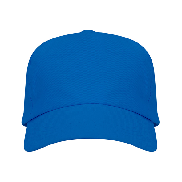 Royal blue five-panel cotton promotional cap with curved visor on a white background