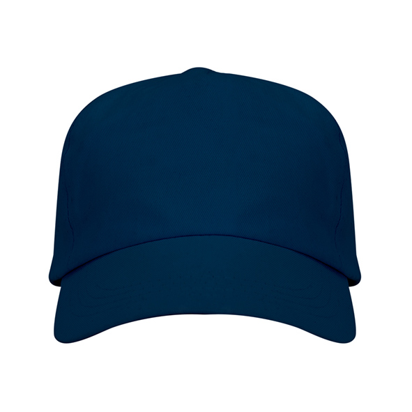 Deep navy five-panel cotton promotional cap with curved visor on a white background