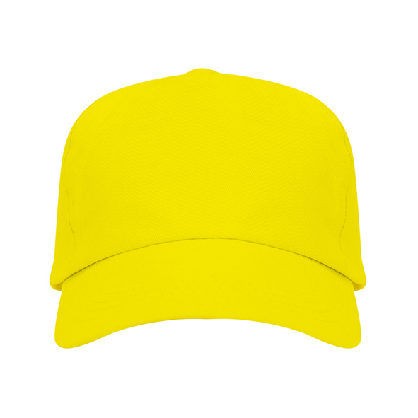 Yellow five-panel cotton promotional cap with curved visor on a white background