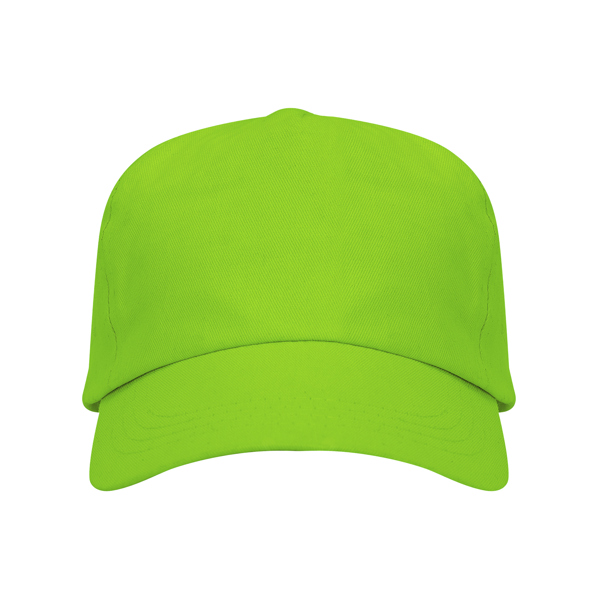 Lime green five-panel cotton promotional cap with curved visor on a white background