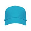 Azure blue five-panel cotton promotional cap with curved visor on a white background