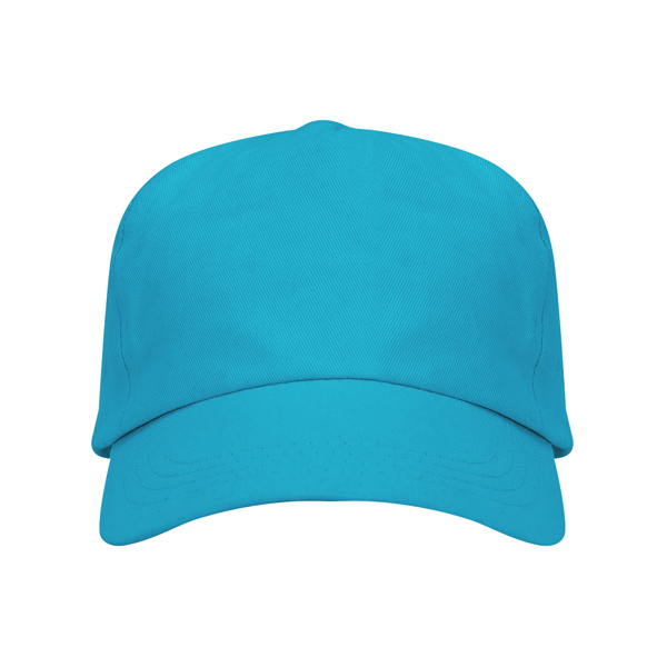 Azure blue five-panel cotton promotional cap with curved visor on a white background