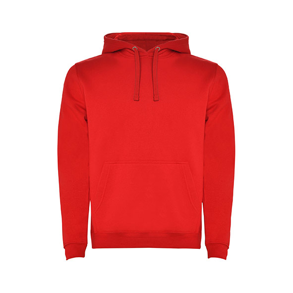 Men's red two-tone hooded sweatshirt with kangaroo pocket and contrast hood lining