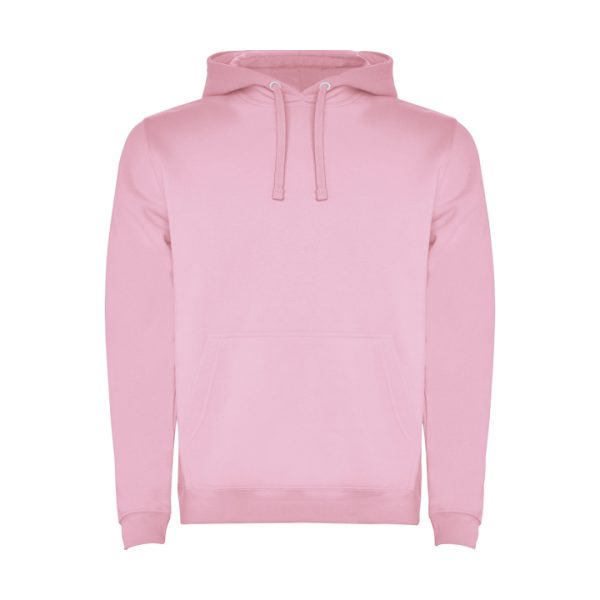 Men's light pink two-tone hooded sweatshirt with kangaroo pocket and contrast hood lining
