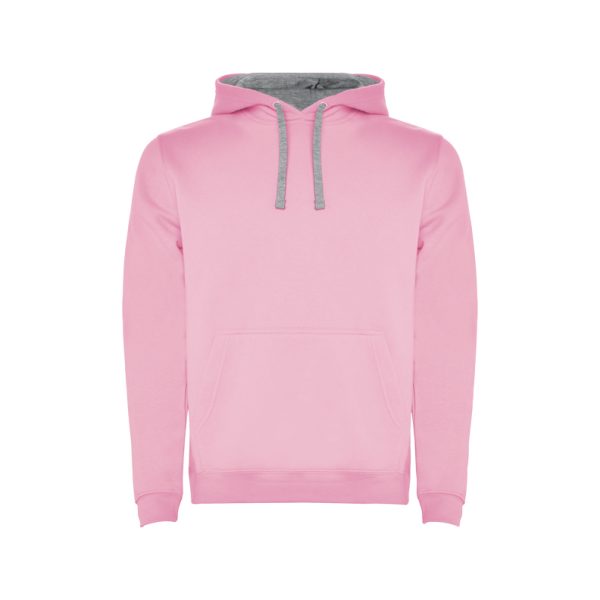 Children's pink and grey two-tone hooded sweatshirt with kangaroo pocket and contrast hood lining
