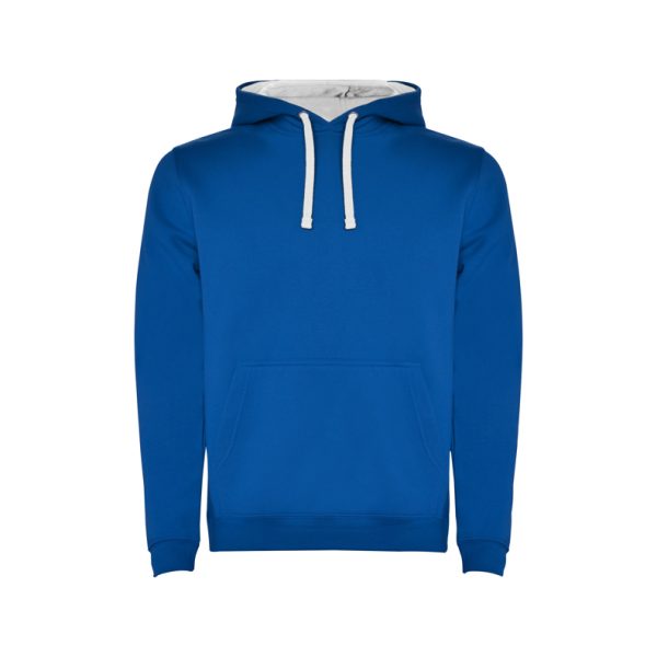 Children's royal blue and white two-tone hooded sweatshirt with kangaroo pocket and contrast hood lining