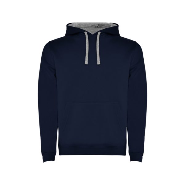 Children's navy and heather grey two-tone hooded sweatshirt with kangaroo pocket and contrast hood lining